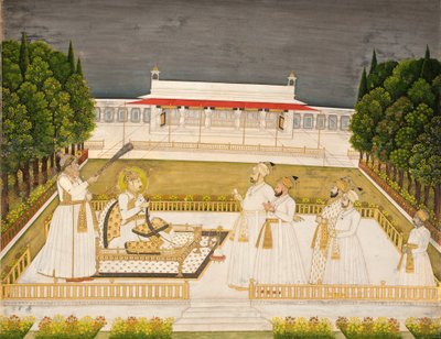 Muhammad Shah Enthroned on a Terrace at Night with His Officers by Jharokha Nidha Mal